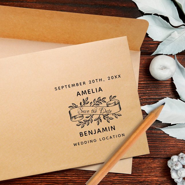 Rustic Script Ribbon Save the Date Wedding Rubber Stamp (Creator Uploaded)