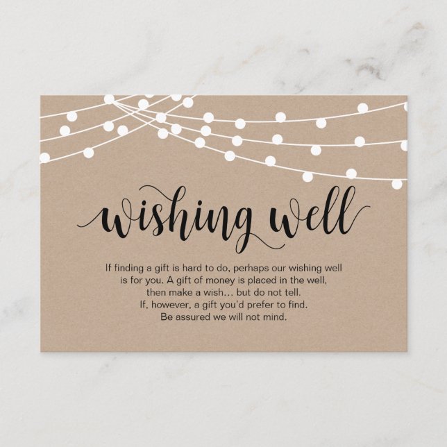 Rustic Script, string lights, Wedding Wishing Well Enclosure Card (Front)