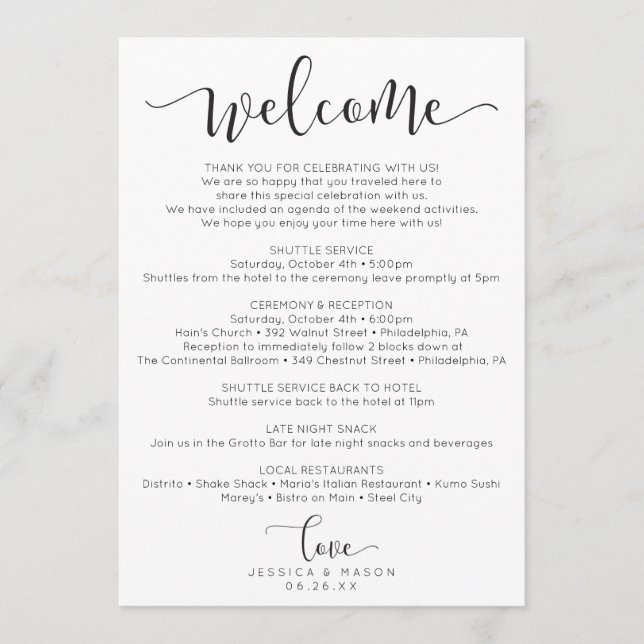 Rustic Script Wedding Itinerary - Wedding Welcome Programme (Front)