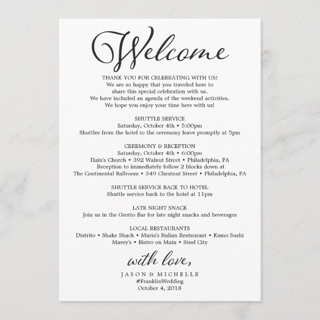 Rustic Script Wedding Itinerary - Wedding Welcome Programme (Front)