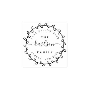 Rustic Script & Wreath Family Name Return Address Rubber Stamp