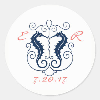 Rustic Seahorse Favour Stickers- Navy + Coral Classic Round Sticker