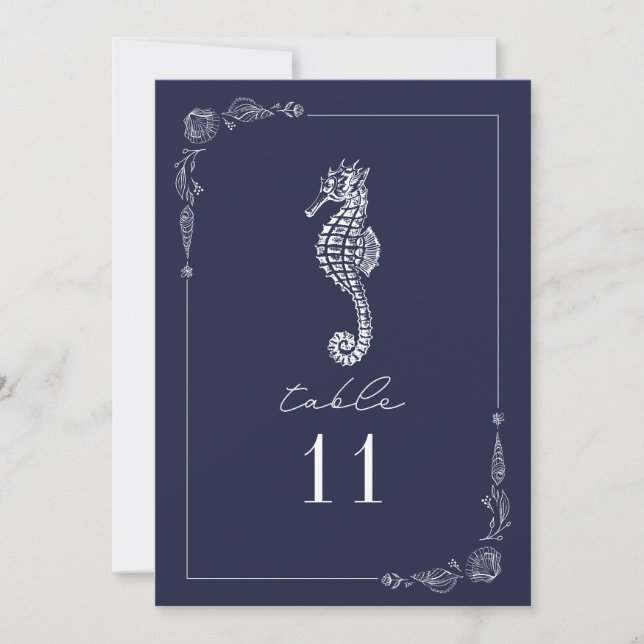 Rustic Seahorse Navy Blue Wedding Table Number (Front)