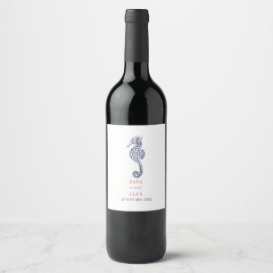 Rustic Seahorse Red & Blue Beach Wedding Wine Label