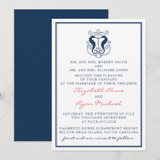 Rustic Seahorse Wedding Invitation- Navy and Coral Invitation