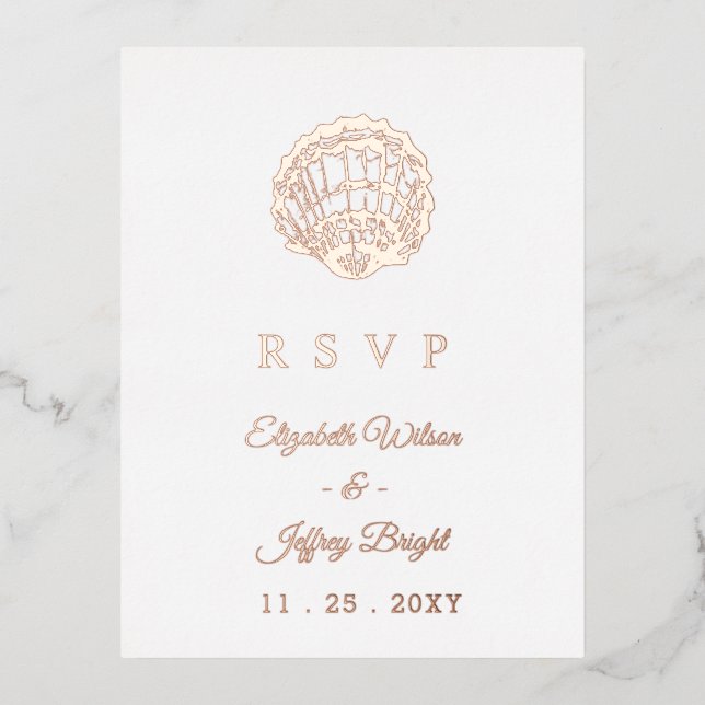 Rustic Seashells Marine Ocean Beach Wedding RSVP Foil Invitation Postcard (Front)