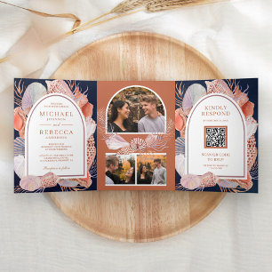 Rustic Seashells Nautical Navy QR Code Wedding Tri-Fold Invitation