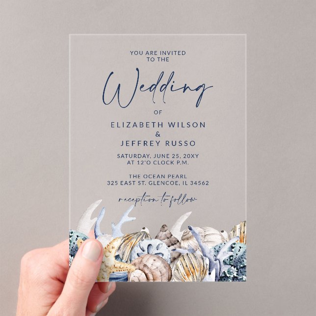 Rustic Seashells Ocean Sea Summer Beach Wedding Acrylic Invitations (Insitu (Handheld))
