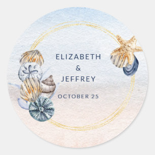 Rustic Seashells Ocean Sea Summer Beach Wedding Classic Round Sticker