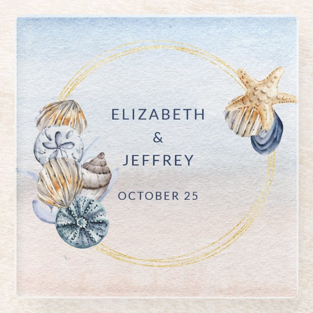 Rustic Seashells Ocean Sea Summer Beach Wedding Glass Coaster (Front)