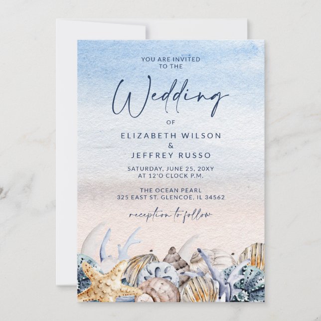 Rustic Seashells Ocean Sea Summer Beach Wedding Invitation (Front)