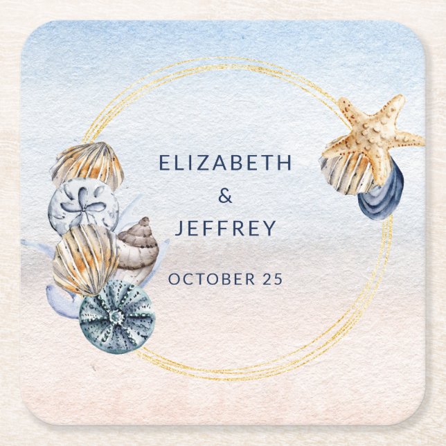 Rustic Seashells Ocean Sea Summer Beach Wedding Square Paper Coaster (Front)