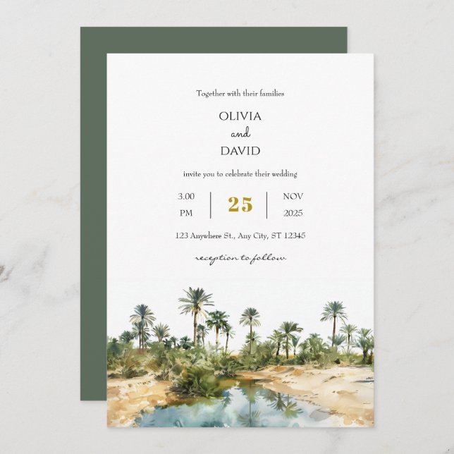 Rustic Seaside Palm Oasis watercolor Beach Wedding Invitation (Front/Back)