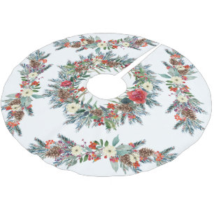 Rustic seasonal watercolor floral Christmas white Brushed Polyester Tree Skirt
