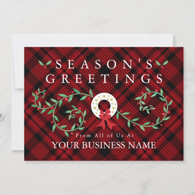 Rustic Seasons Greetings Wreath Red Plaid Business Holiday Card (Front)