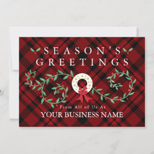 Rustic Seasons Greetings Wreath Red Plaid Business Holiday Card