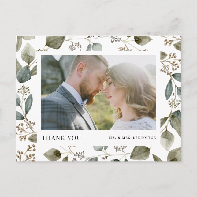 Rustic Seeded Eucalyptus Photo Wedding Thank You Postcard (Front)