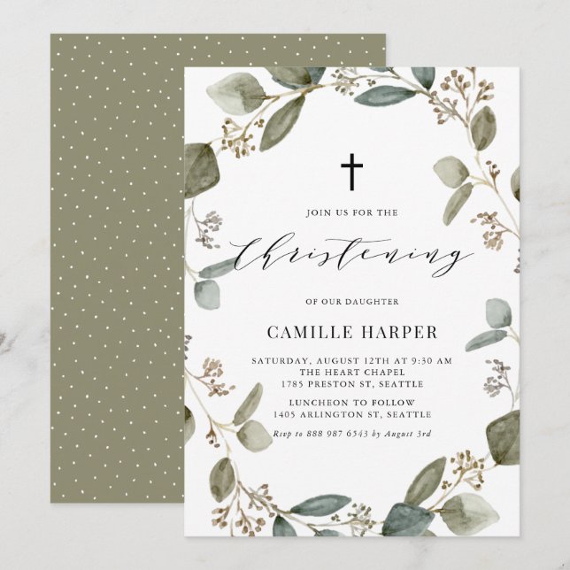 Rustic Seeded Eucalyptus Wreath Christening Invitation (Front/Back)