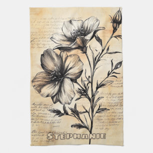 Rustic Sepia Botanical French Country Flowers Tea Towel