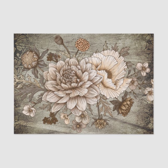 Rustic Sepia Chrynsanthimum Floral Decoupage Tissue Paper (Front)