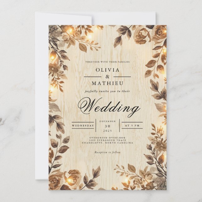 Rustic Sepia Floral Lights Wedding Invitation (Front)