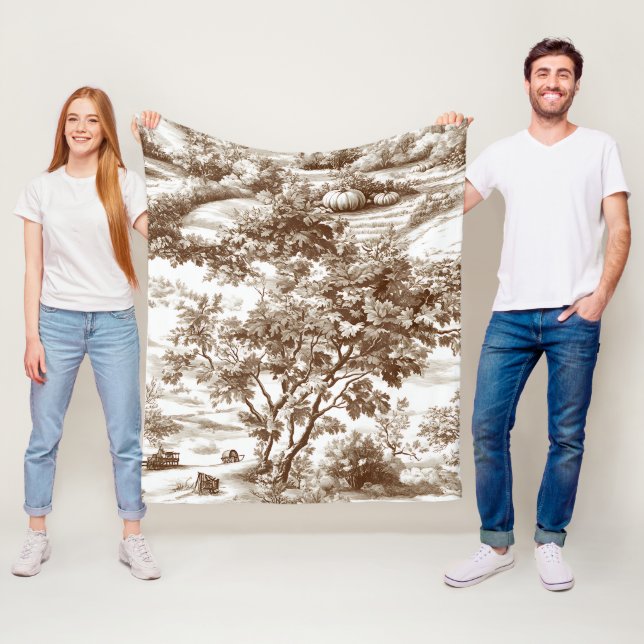 Rustic Sepia Homestead Pumpkin Toile Pattern Fleece Blanket (In Situ)