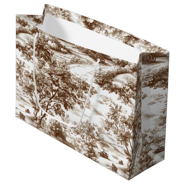 Rustic Sepia Homestead Pumpkin Toile Pattern Large Gift Bag (Front Angled)