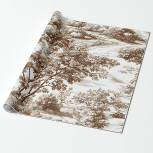 Rustic Sepia Homestead Pumpkin Toile Pattern Wrapping Paper