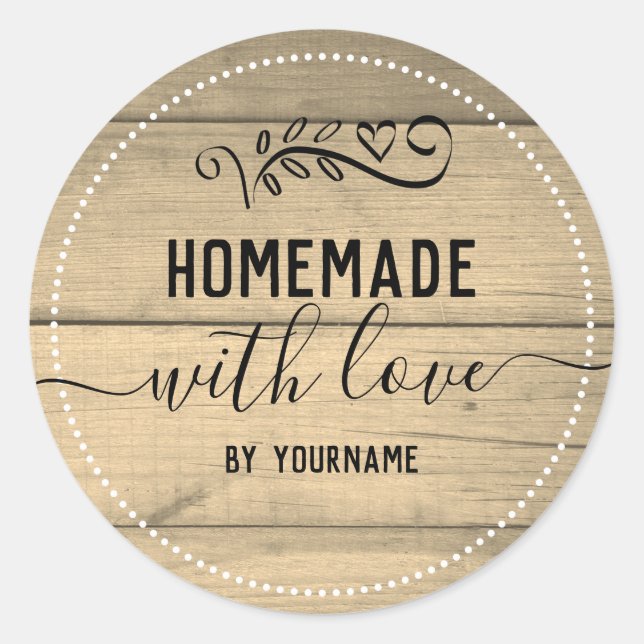 Rustic Sepia Wood Homemade Love Business Classic Round Sticker (Front)