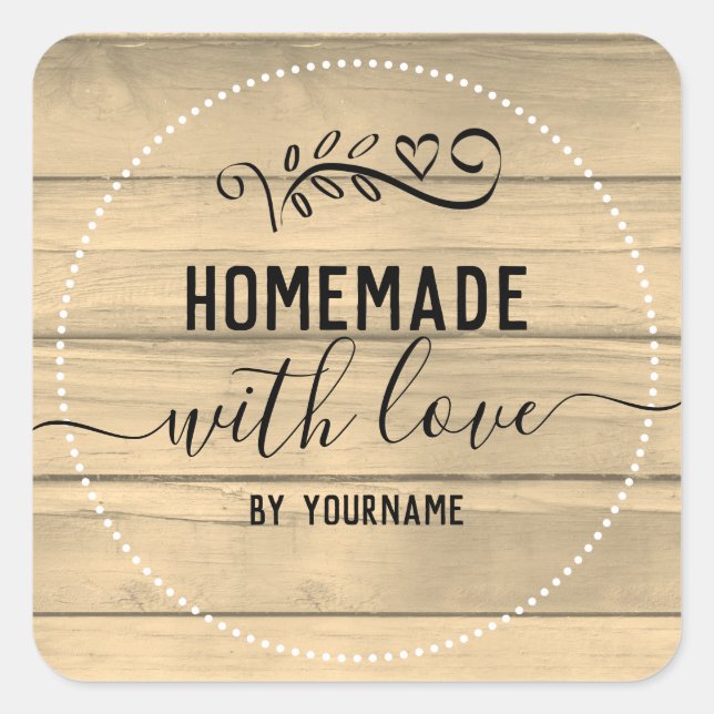 Rustic Sepia Wood Homemade Love Business Square Sticker (Front)