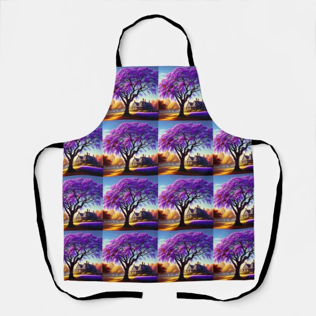 **"Rustic Serenity: The Purple Jacaranda's Embrace Apron (Front)