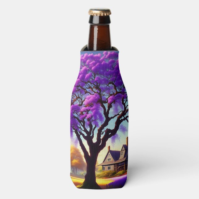 **"Rustic Serenity: The Purple Jacaranda's Embrace Bottle Cooler (Bottle Front)