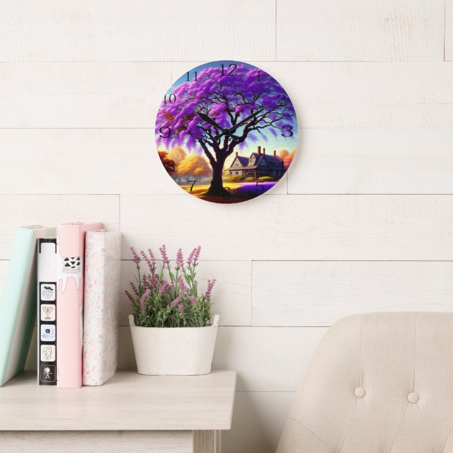 **"Rustic Serenity: The Purple Jacaranda's Embrace Large Clock (Reading Room)