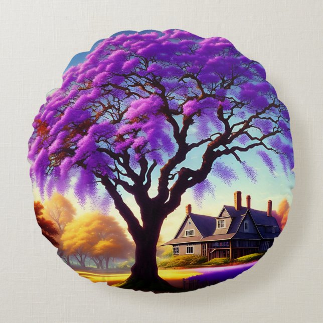 **"Rustic Serenity: The Purple Jacaranda's Embrace Round Cushion (Front)