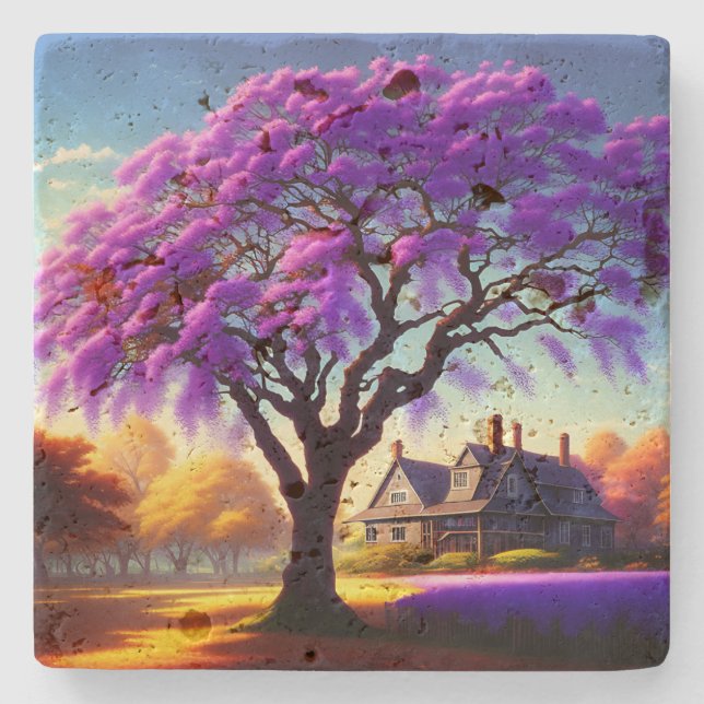 **"Rustic Serenity: The Purple Jacaranda's Embrace Stone Coaster (Front)