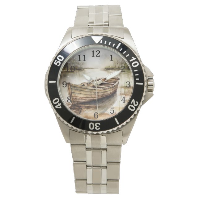 Rustic Serenity: Weathered Wooden Rowboat Watch (Front)