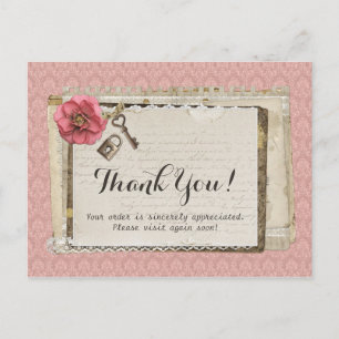 Rustic Shabby Chic Pink Victorian Damask Thank You Postcard