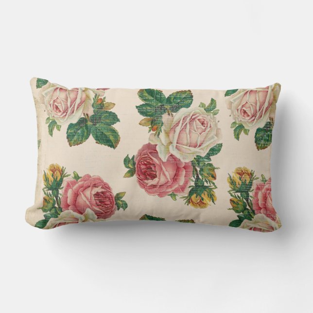 Rustic Shabby Rose Floral Pattern Pink Roses Lumbar Cushion (Front)