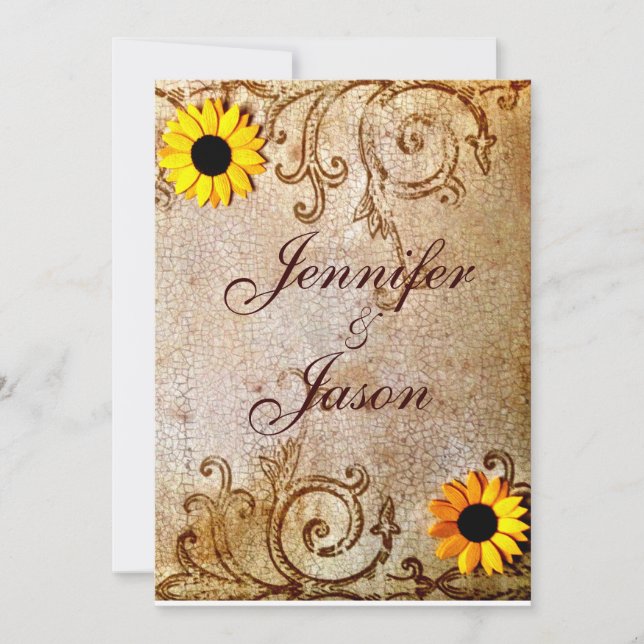 Rustic Shabby Sunflowers Chic Brown Wedding Invitation (Front)