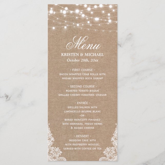 Rustic Shabby Wedding Menu | String Lights Lace (Front)