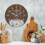 Rustic Shasta Daisy and Wood Family Name Large Clock<br><div class="desc">Fun,  personalised design.  Makes the perfect gift for a housewarming,  wedding,  or any occasion!</div>