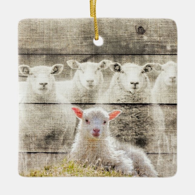 Rustic Sheep Baby Lamb Burlap Ceramic Ornament (Front)