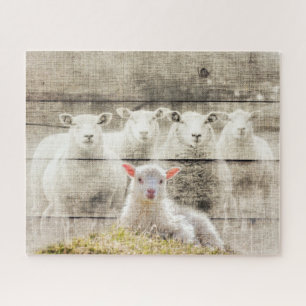 Rustic Sheep Baby Lamb Burlap Jigsaw Puzzle