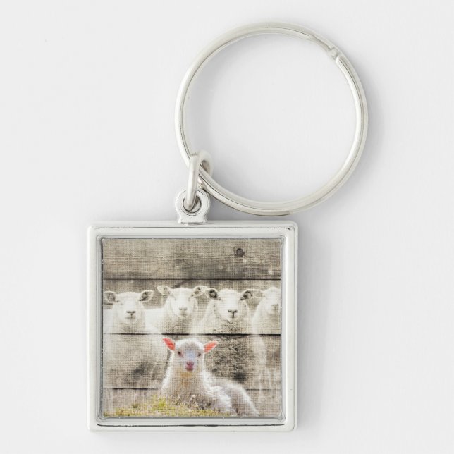 Rustic Sheep Baby Lamb Burlap Key Ring (Front)
