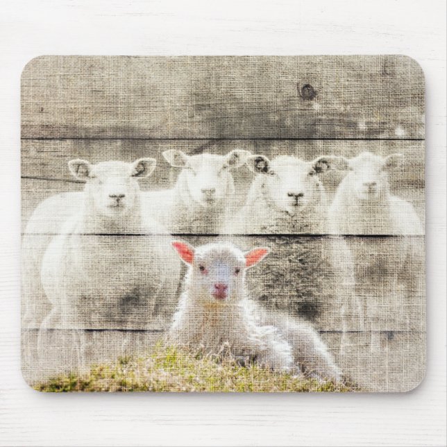 Rustic Sheep Baby Lamb Burlap Mouse Mat (Front)