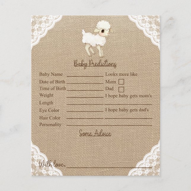 Rustic Sheep Baby Shower Predictions And Advice (Front)
