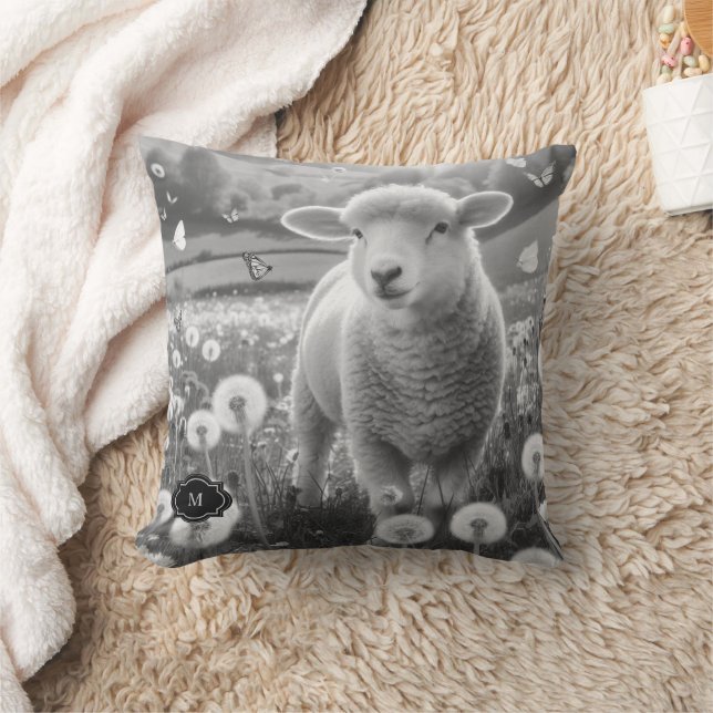 Rustic sheep family monogram country black white cushion (Blanket)