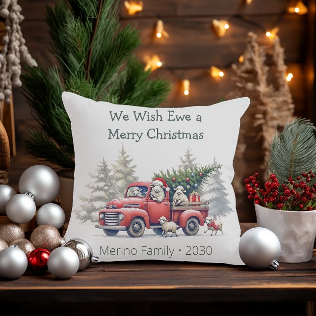 Rustic Sheep Red Truck Themed  Cushion (We wish ewe a merry christmas throw pillow)
