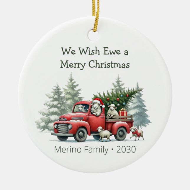 Rustic Sheep Red Truck Themed Photo Ceramic Tree Decoration (Front)