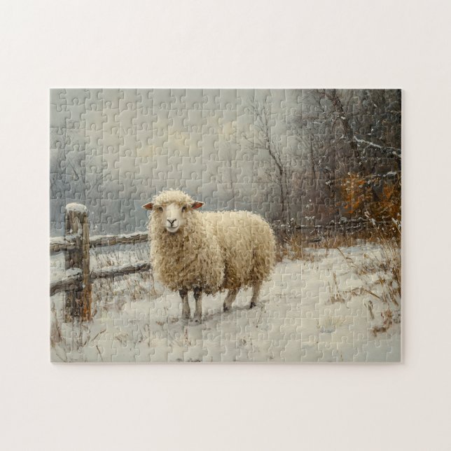 Rustic Sheep Scenic Winter Landscape Jigsaw Puzzle (Horizontal)